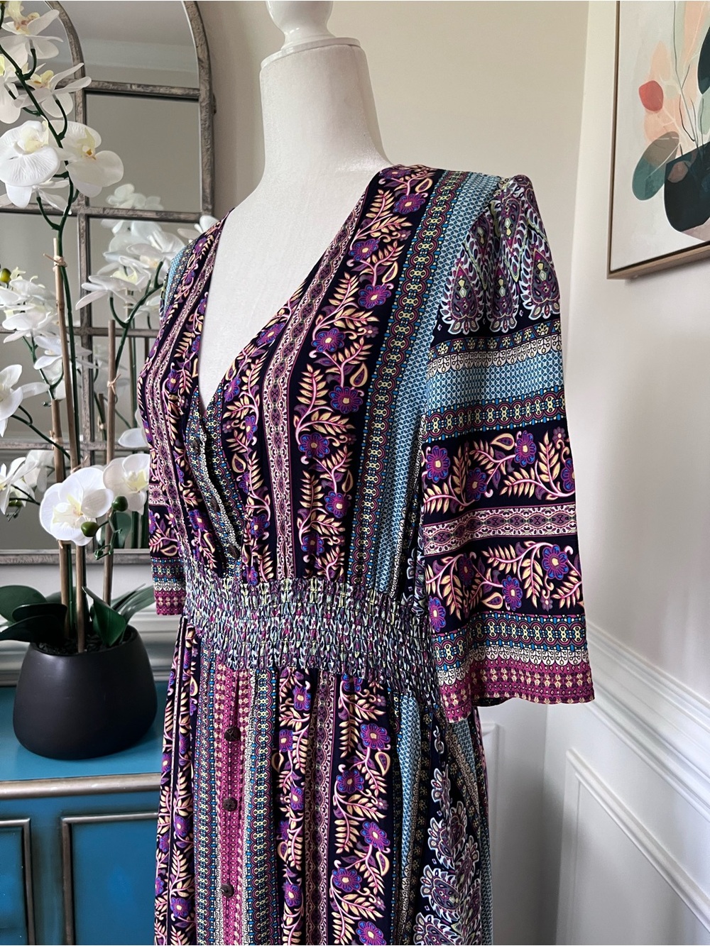 Papillon Blanc Patterned Boho V-Neck Button Front Maxi Dress with Pockets